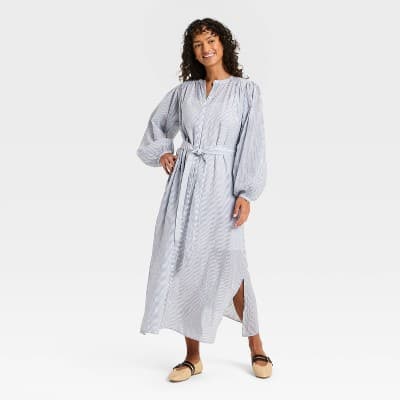 Women's Flounce Long Sleeve Collared Neck Maxi Shirtdress - Universal Thread™ Navy Blue L