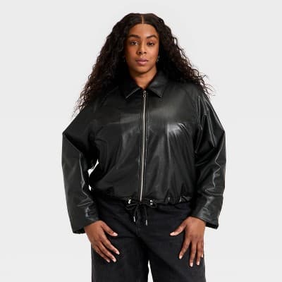 Women's Faux Leather Bubble Jacket - Universal Thread™ Black 1X
