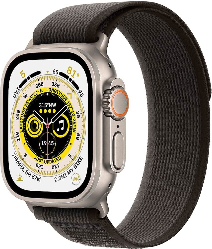 Geek Squad Certified Refurbished Apple Watch Ultra (GPS + Cellular) 49mm Titanium Case with Black/Gray Trail Loop - S/M - Titanium - (2022)