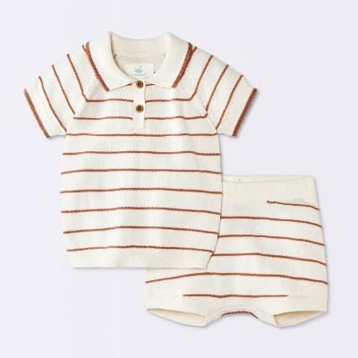 Baby Boys' 2pc Striped Crochet Sweater Polo Top and Shorts Set - Cloud Island™ Brown 18M