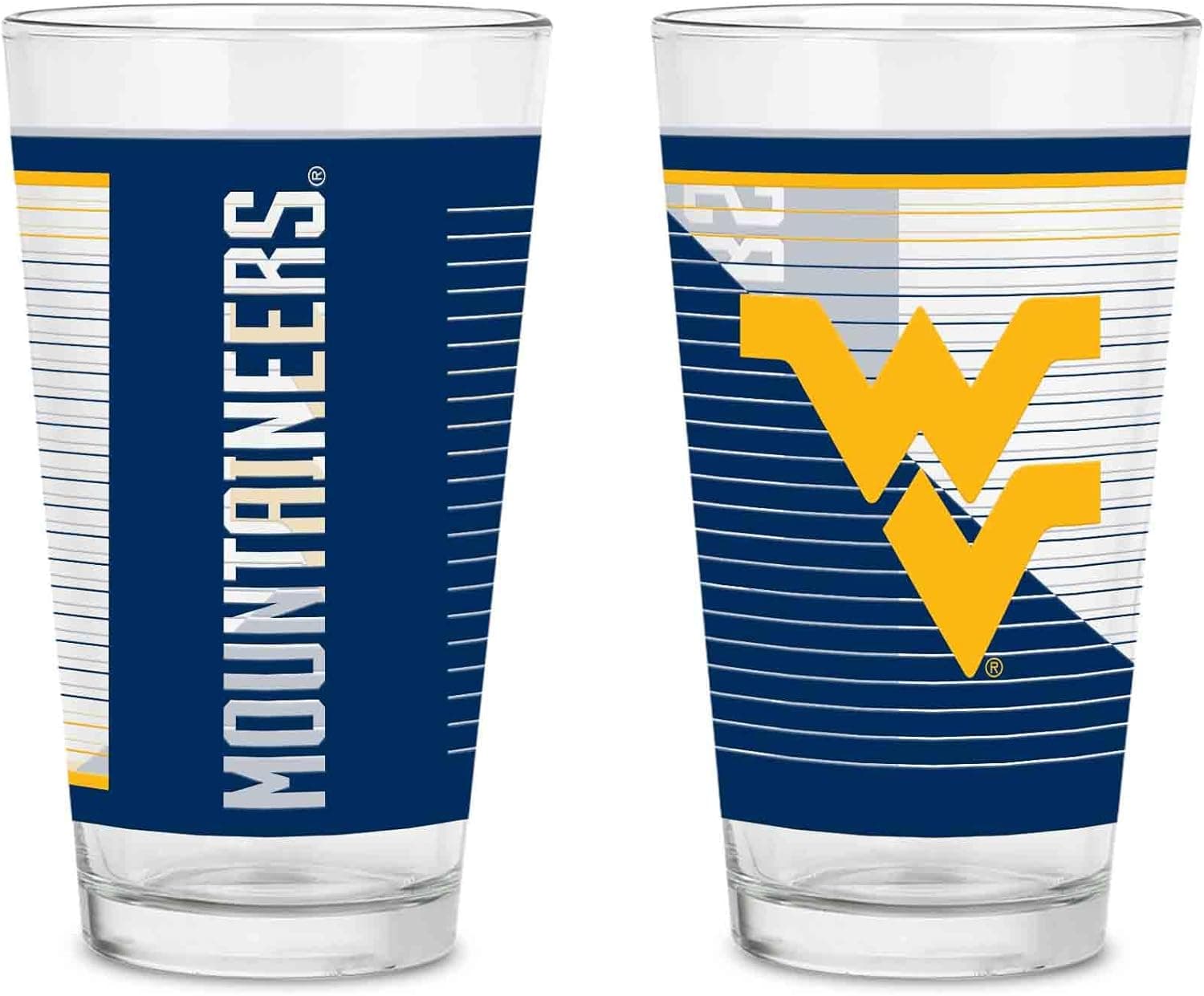Rico Industries NCAA West Virginia Mountaineers Main 16 oz Pint Glasses with Digitally Printed Logo, Set of 2 Classic Drinking Glasses