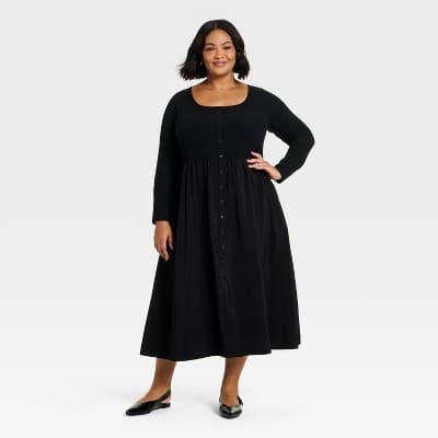 Women's Plus Long Sleeve Button-Front Midi Dress - Ava & Viv™ Black 2X