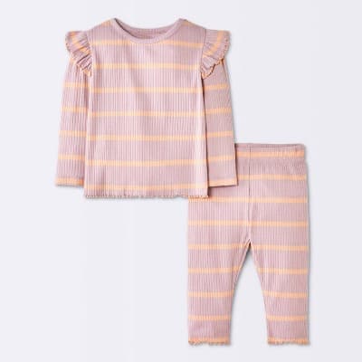 Baby Girls' 2pc Striped Ruffle Long Sleeve T-Shirt and Leggings Set - Cloud Island™ Pink 12M