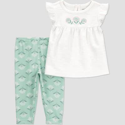 Carter's Just One You®️ Baby Girls' 2pc Floral Ruffle Tank and Leggings Set- Green 3M