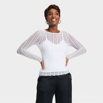 Women's Long Sleeve Lace Top - A New Day™ White XL