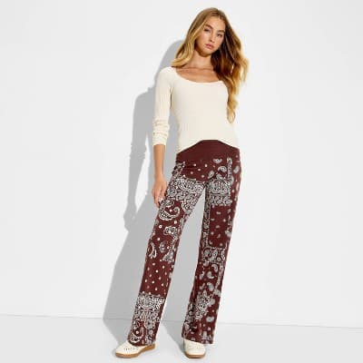 Women's Bandana Fold Over Yoga Graphic Pants - Brown XL