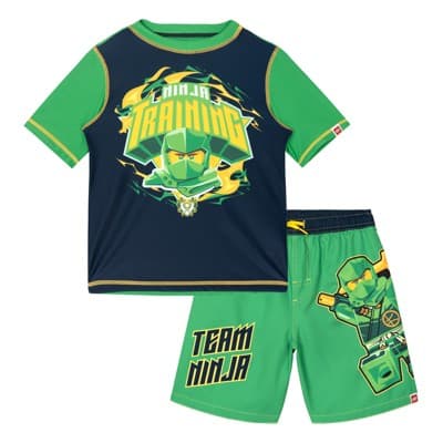 LEGO Little Boys' Short Sleeve Graphic Swim Shirt and Drawstring Swim Shorts Set Ninjago Navy Green 7-8