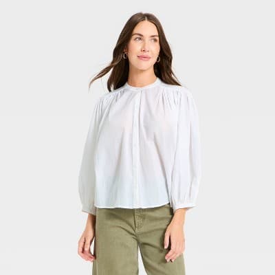 Women's Puff Long Sleeve Banded Collar Neck Blouse - Universal Thread™ White M