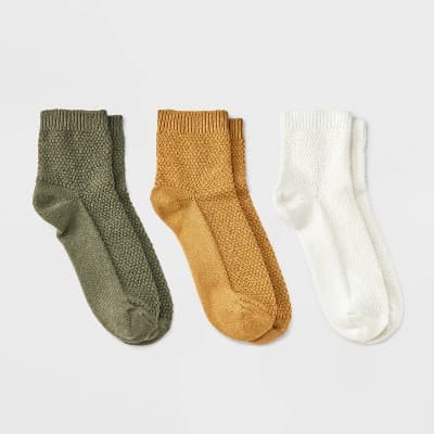 Women's Textured Stitch 3pk Ankle Socks - Universal Thread™ Ivory/Gold/Olive 4-10: Cotton Blend, Tagless, Smooth Toe Seams