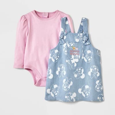 Baby Girls' 2pc Disney Minnie Mouse Long Sleeve Bodysuit & Chambray Dress Set - Light Blue/Pink Newborn