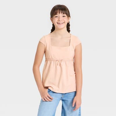 Girls' Cap Sleeve Babydoll Top - art class™ Light Pink M