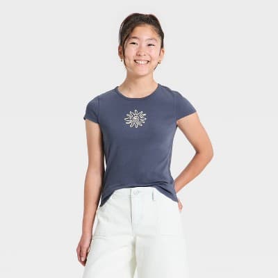 Girls' Embroidery Short Sleeve 4th Of July Sunshine Graphic Baby T-Shirt - art class™ Dark Blue M
