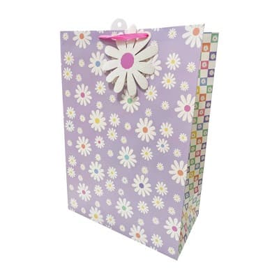 Bows And Sparkles Large Floral Daisies Birthday Gift Bag with Tag Purple