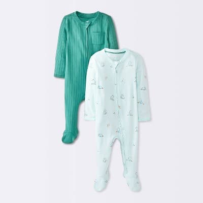 Baby Boys' 2pk Cozy Wide Ribbed Animals Sleep N' Play - Cloud Island™ Blue Newborn