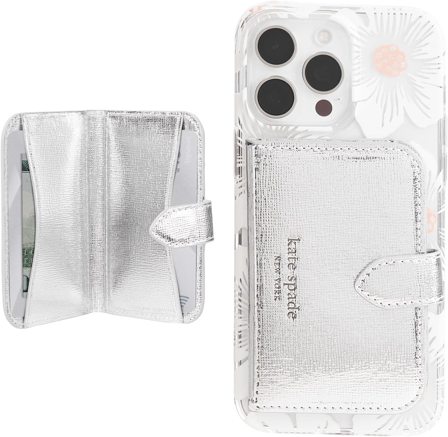kate spade new york Morgan Magnetic Phone Wallet/Card Holder - Compatible with MagSafe Phones and Cases - Metallic Silver