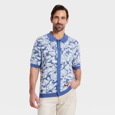 Men's Floral Print Short Sleeve Full-Button Polo Sweater - Goodfellow & Co™ Blue M