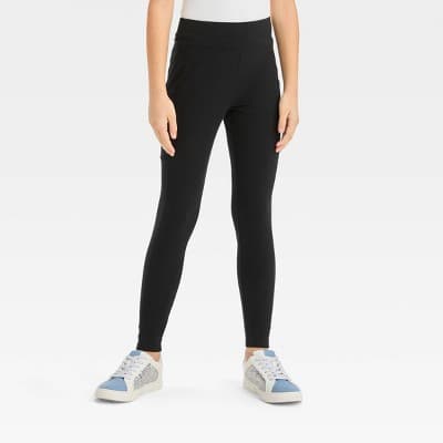 Girls' Leggings with Side Pocket - art class™ Black M: Mid Rise, Ankle Length, Slim Fit, Jersey Fabric