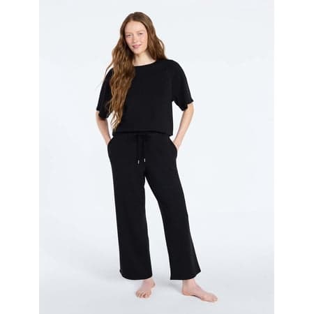 Joyspun Women's French Terry Lounge Sleep Short Sleeve Top and Capri Pants Set, 2-Piece, Sizes XS-3X