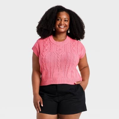Women's Short Sleeve Crewneck Cable Pullover Sweater - A New Day™ Coral Pink 4X