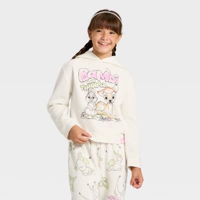 Girls' Disney Bambi and Thumper Hooded Fleece Sweatshirt - Ivory M