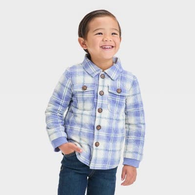 OshKosh B'gosh Toddler Boys' Long Sleeve Plaid Quilted Button Up Jacket - Cream/Blue 5T: Cotton Midweight, Collared, 2 Pockets