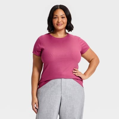Women's Modern Ribbed T-Shirt - A New Day™ Dark Pink 1X