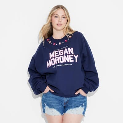 Women's Crewneck Megan Moroney Jeweled Fleece Graphic Pullover Sweatshirt - Navy Blue 3X