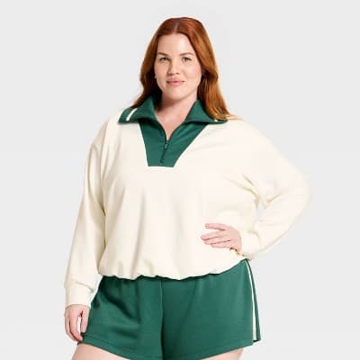 Women's Airy Sleek Pique 1/2 Zip Bubble Hem Collared Pullover Sweatshirt - All In Motion™ Cream 2X