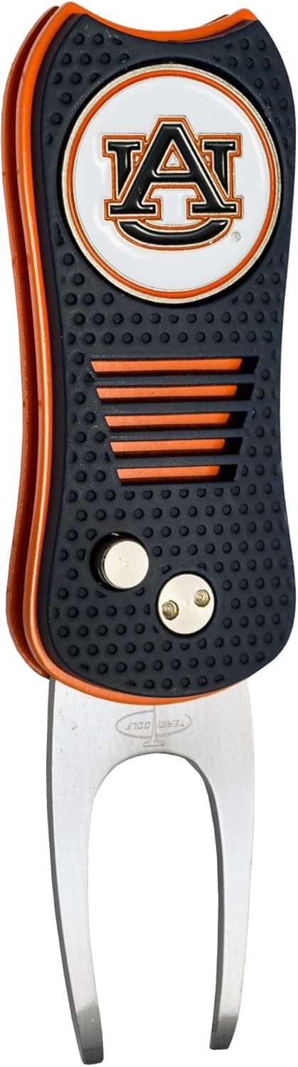Team Golf NCAA Auburn University Tigers Retractable Divot Tool Switchblade Divot Tool with Double-Sided Magnetic Ball Marker, Features Patented Single Prong Design, Causes Less Damage to Greens, Switchblade Mechanism