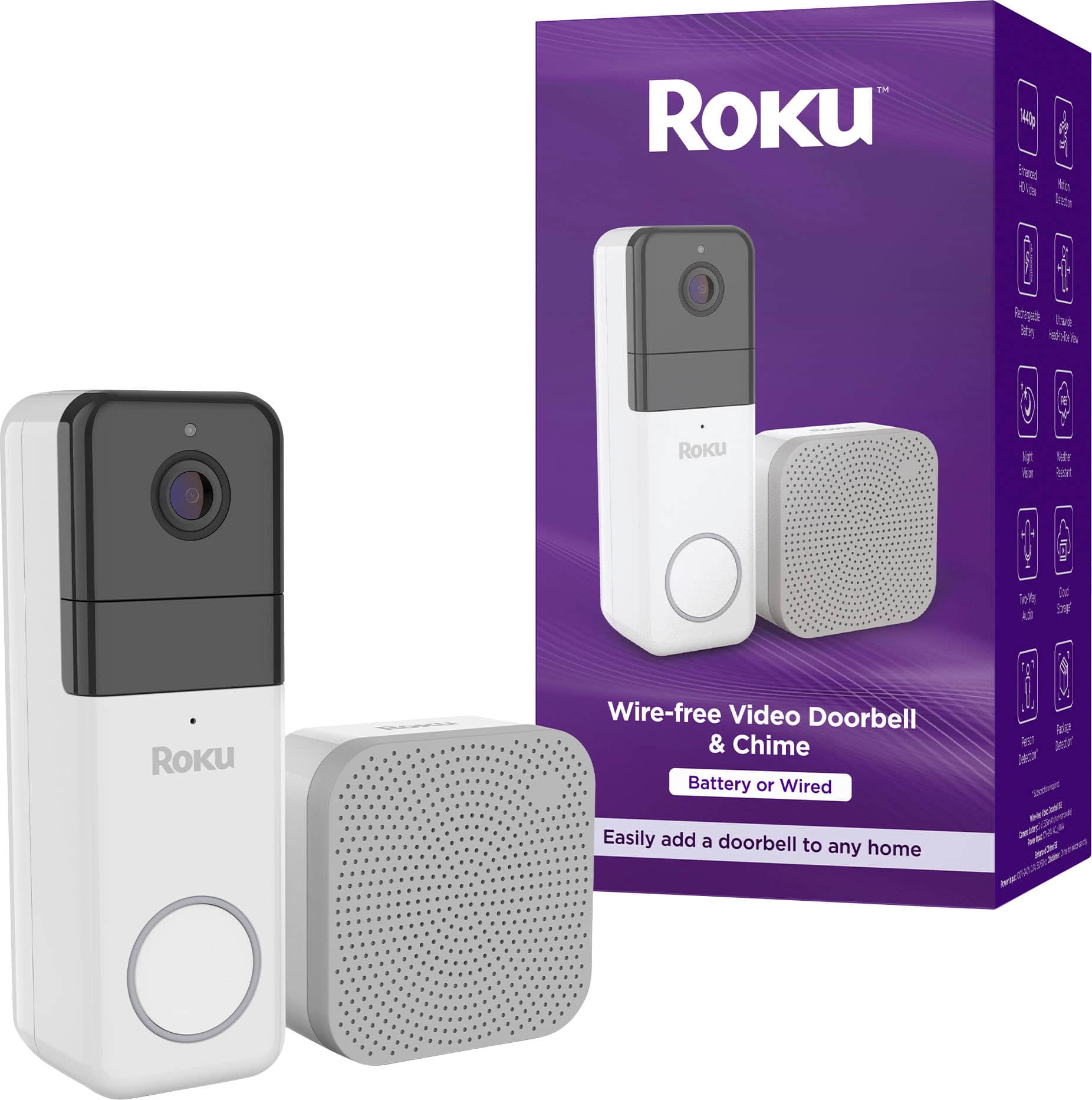 Roku - Smart Home Wire-free Video Doorbell & Chime with Motion & Sound Detection, Remote Monitoring, 1440p HD Night Vision - White