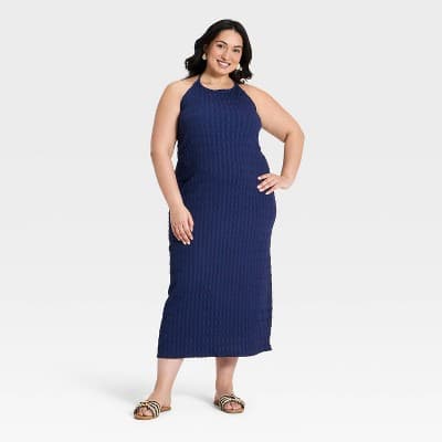 Women's Textured Knit Maxi Bodycon Dress - A New Day™ Navy Blue 2X