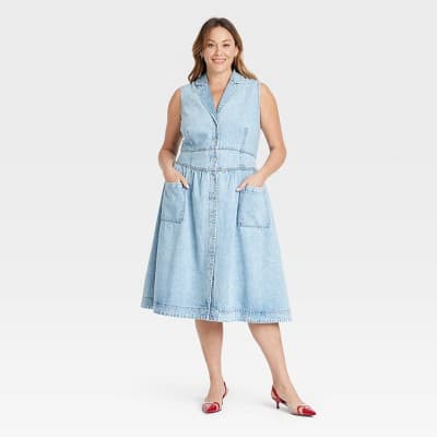 Women's Denim Midi A-Line Dress - Ava & Viv™ Light Wash 26: Plus Size, Cotton-Lyocell Blend, Sleeveless, Collared, Button Down