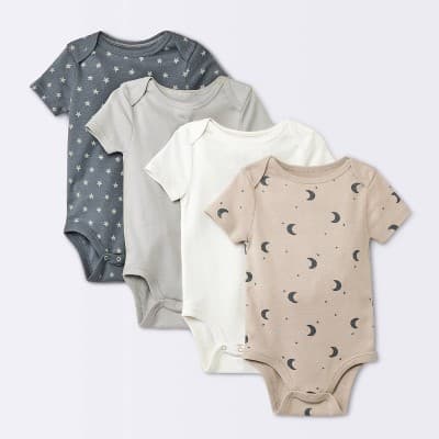 Baby 4pk Short Sleeve Moons Bodysuit - Cloud Island™ Gray 12M: 100% Cotton, Midweight Fabric, Crotch Snap Closure