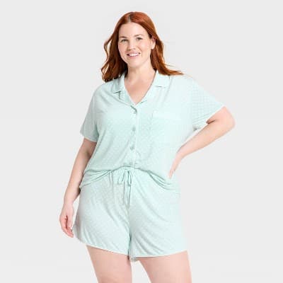 Women's Short Sleeve Notch Collar Shirt and Shorts Pajama Set - Auden™ Mint 2X