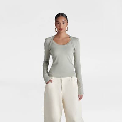 KBB by KAHLANA Women's 'The Long Sleeve Harness Ribbed Top' - Sage Green XL