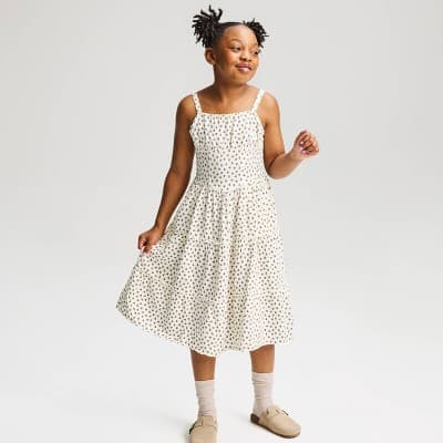 Girls' Floral Midi A-Line Dress - Cat & Jack™ Cream S: Cottagecore