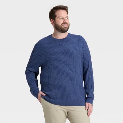 Men’s Big & Tall Soft Knit Crew Cable Sweater - Goodfellow & Co™ Navy Blue 3XL