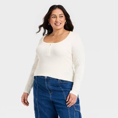 Women's Long Sleeve Scoop Neck Henley Top - Ava & Viv™ Ivory 1X