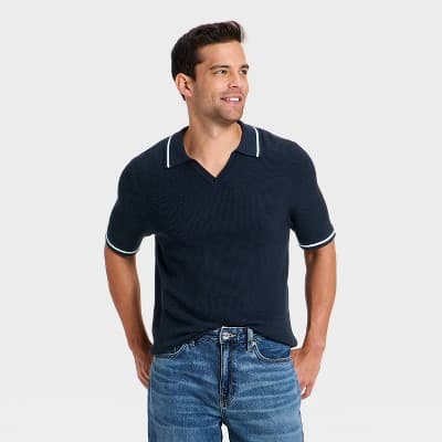 Men's Openwork Knit Johnny Collar Polo Sweater - Goodfellow & Co™ Navy Blue XXL