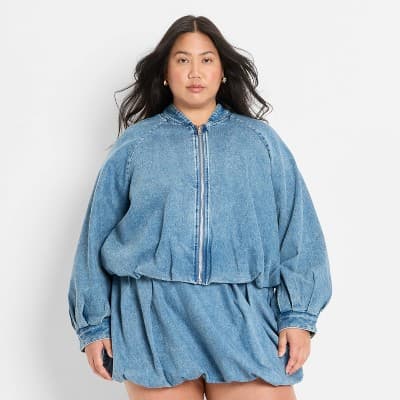 Women's Denim Bubble Bomber Jacket - Future Collective Blue Denim 2X