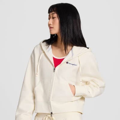 Champion Women's Cropped Fleece Zip-Up Sweatshirt - Cream S