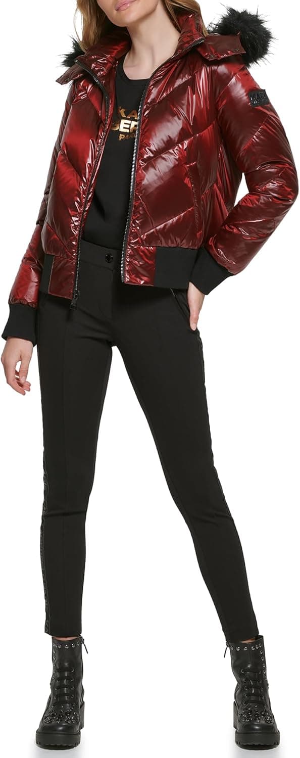Cozy Red Puffer Jacket with Faux Fur Trim by KARL LAGERFELD