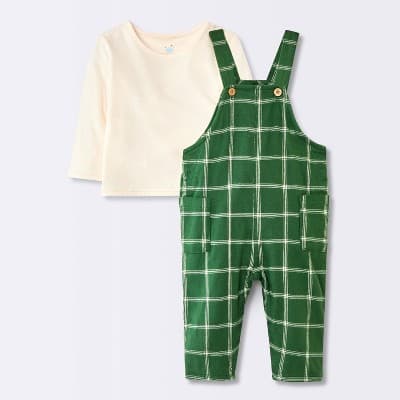 Baby Boys' 2pc Long Sleeve Christmas Holiday T-Shirt and Gingham Overalls Set - Cloud Island™ Green/White 0-3M