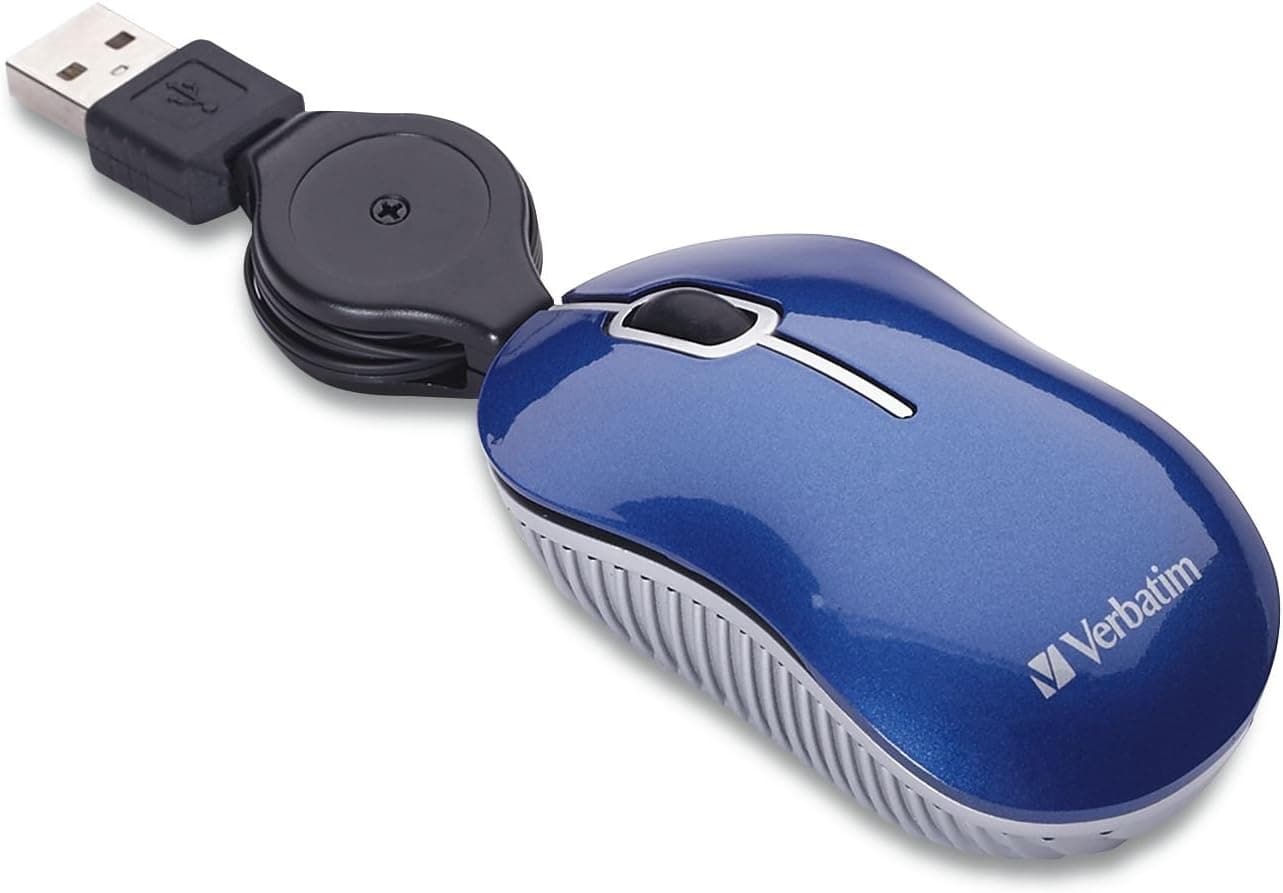 Compact Corded Mouse with Retractable Cable - Verbatim Blue Mini USB Mouse