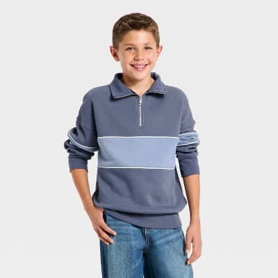 Boys' Fleece Rugby Striped Quarter Zip Sweatshirt - art class™ Blue XL