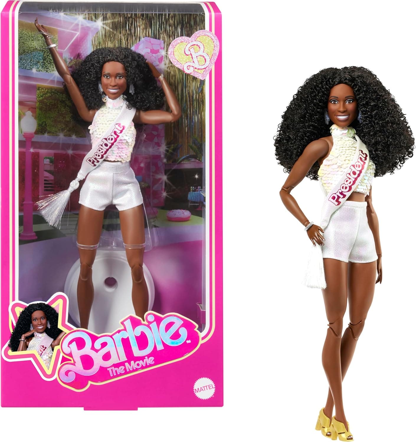 Barbie The Movie President Collectible Doll, ISSA Rae as President Wearing Shimmery White Blouse & Short Set, with Dark Curly Hair & President Sash