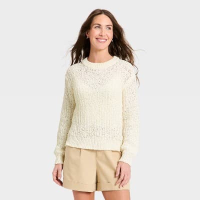 Women's Long Sleeve Round Neck Tape Yarn Pullover Sweater - A New Day™ Cream M