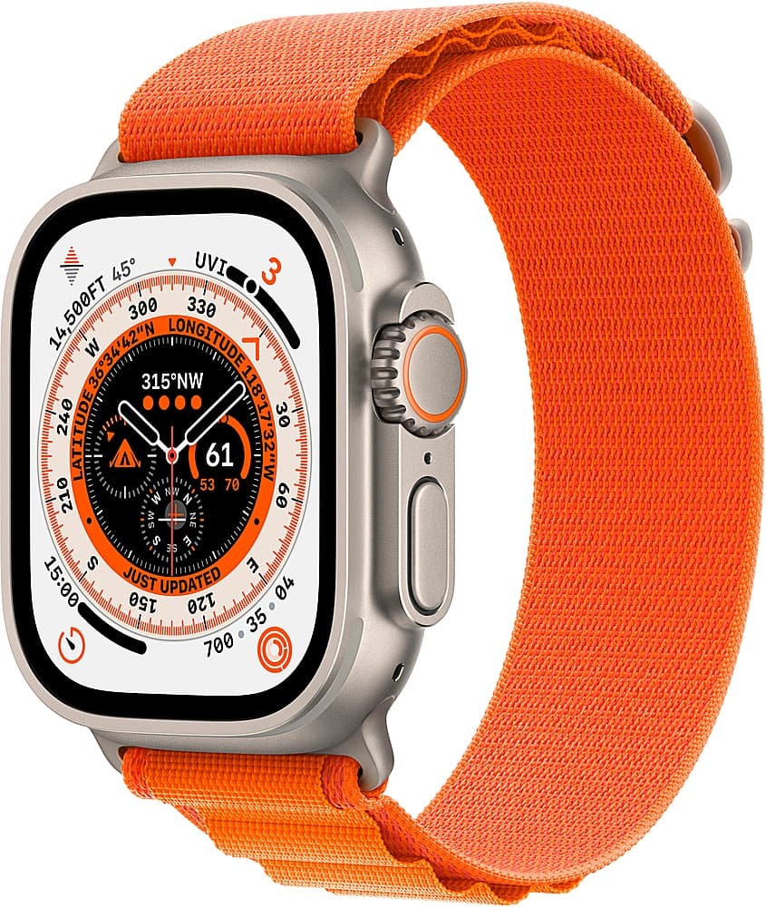 Apple Geek Squad Certified Refurbished Watch Ultra (GPS + Cellular) 49mm Titanium Case with Orange Alpine Loop - Small - Silver - (2022)