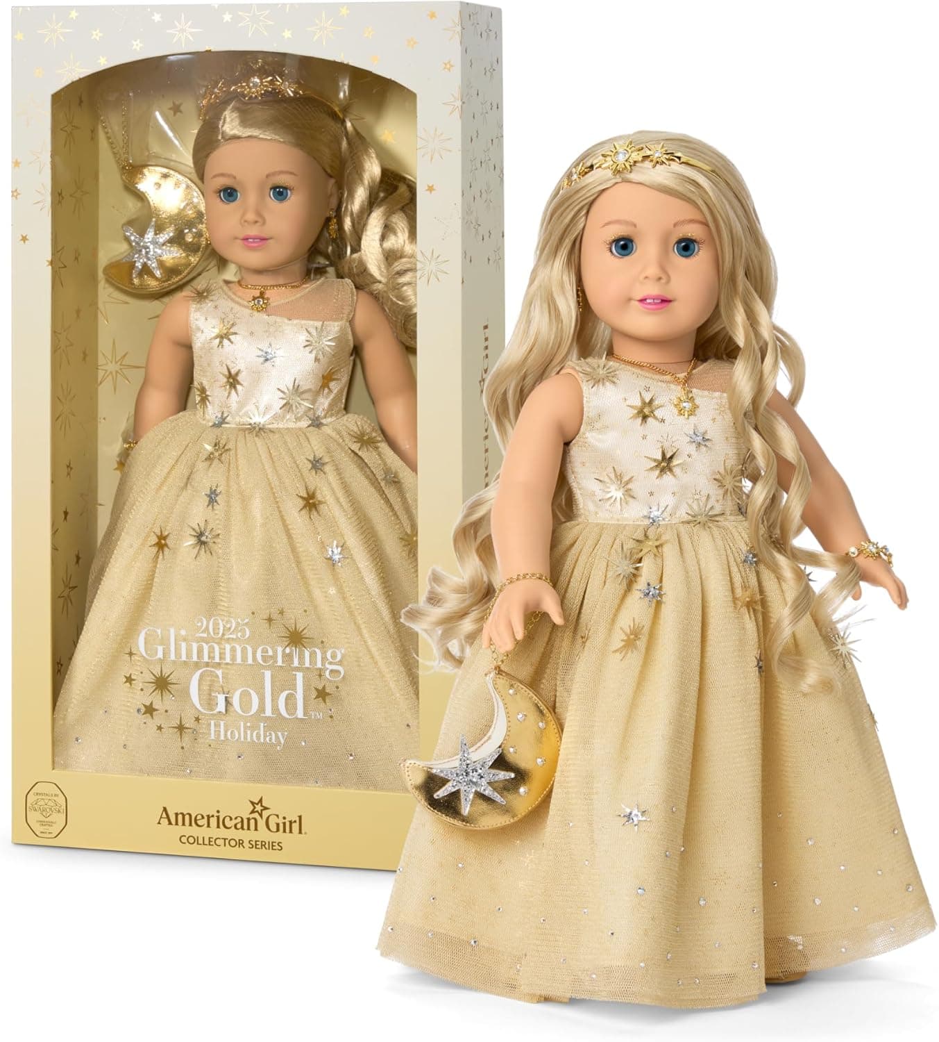 American Girl 2025 Glimmering Gold Holiday Collector Doll, with Light-Blue Eyes, Long Wavy Blonde Hair, Ages 8+