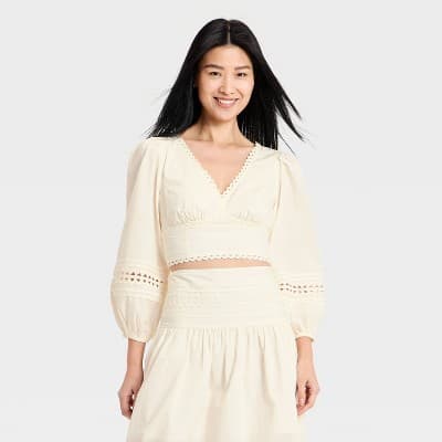 Women's Long Sleeve Eyelet Detail Top - A New Day™ Cream XL